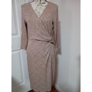 ONYX Nite Rose Gold Glitter Knit Wrap Sheath Dress V-Neck 3/4 Sleeve Msku 0058